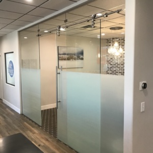 Glass wall system with barn door and ladder pull handle