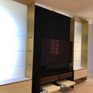 58” star fire tempered glass shelves 12” satin etch glass behind shelves