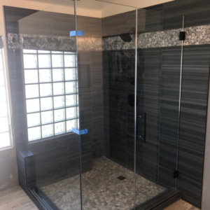 38” CLEAR TEMPERED MATTE BLACK HARDWARE 8” LADDER PULL