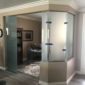 1:2” satin etch glass; brushed nickel hardware